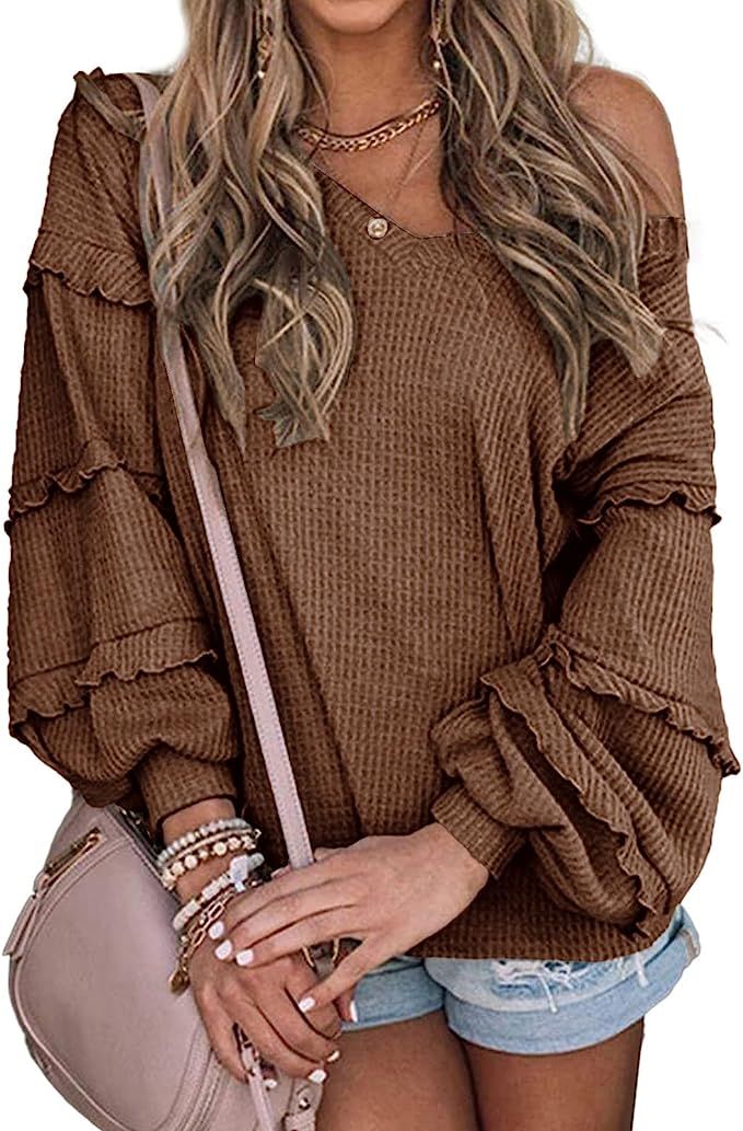 BTFBM Women’s V Neck Long Sleeve Blouse Loose Fit Tunics Ruffles Off Shoulder Waffle Knit Solid... | Amazon (US)