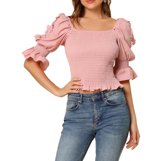 Allegra K Women's Smocked Blouse Ruffle Square Neck Puff Sleeves Lace Trim Panel Top | Walmart (US)