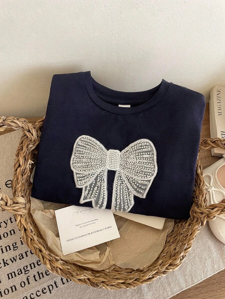 SHEIN LMoss Kids Young Girl Summer Casual Butterfly Embroidery & Studded Decorative Short Sleeve ... | SHEIN