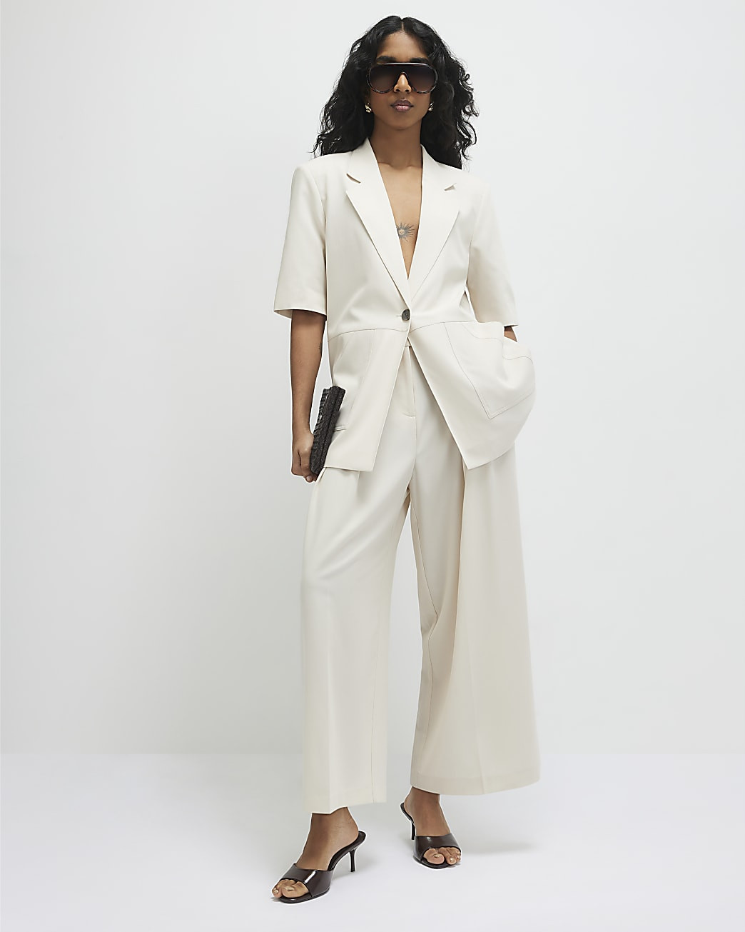 Beige Ankle Grazer Tailored Trousers | River Island UK & IE