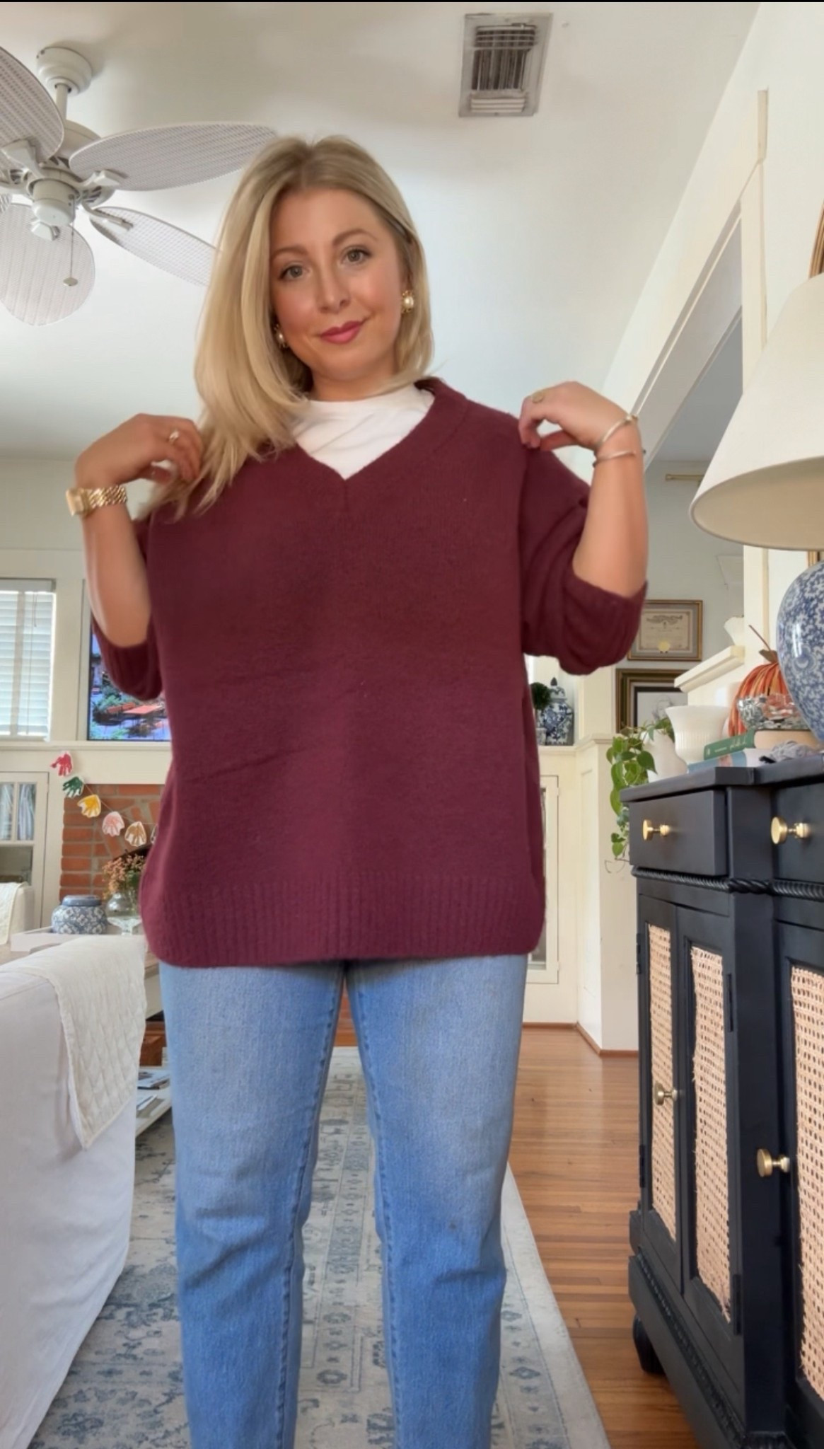 Burgandy Abercrombie V-neck sweater (so soft) Fits TTS - sized up to a medium to make it oversized 

#LTKMidsize #LTKgrwm #LTKSeasonal