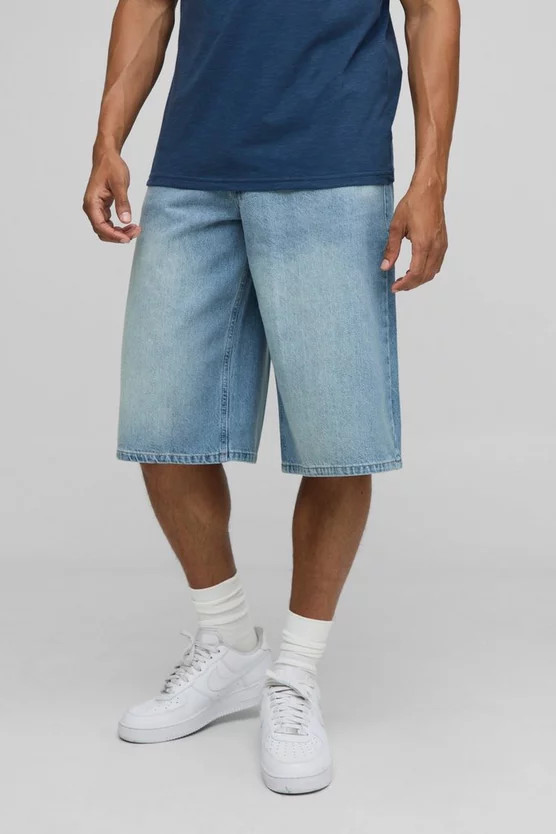 Longline Washed Buckle Adjuster Denim Jorts | boohooMAN (US & Canada)