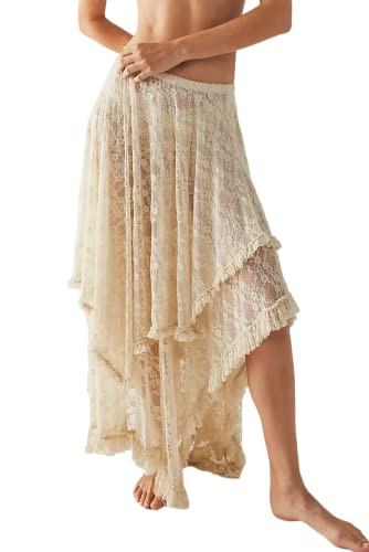 R.Vivimos Women Lace Long Skirts Summer Elastic Asymmetrical Layered Hem Sexy See-Through Beach Floral Maxi Skirts (Medium, Beige) | Amazon (US)