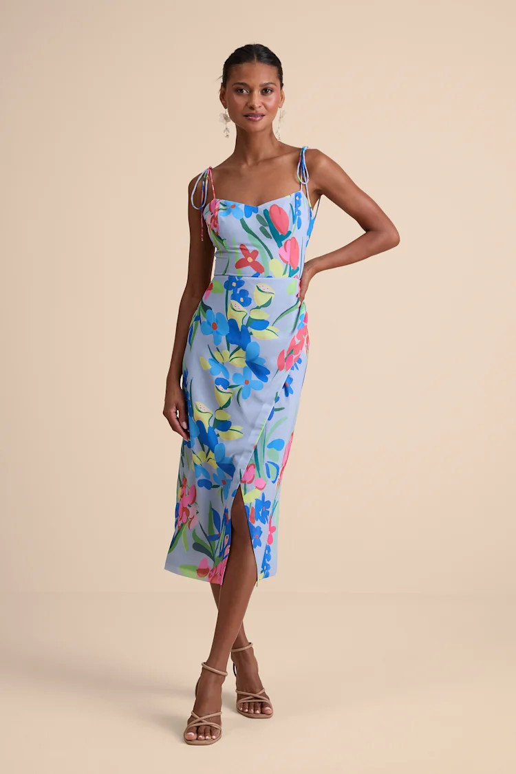 Kristel Blue Floral Print Tie-Strap Midi Dress | Lulus