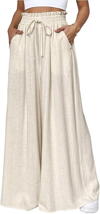 Women's Flowy Linen Pants Tie Front Elastic High Waisted Palazzo Pants Trousers | Amazon (US)