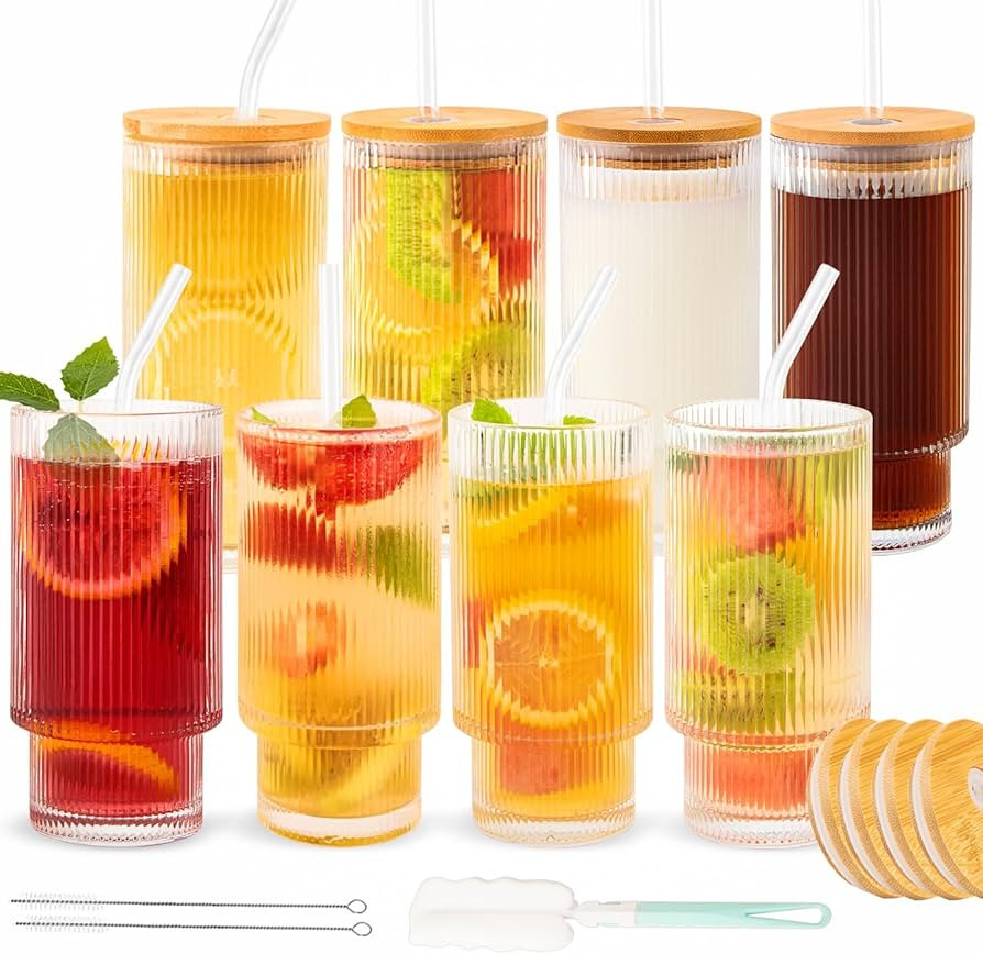 8 Pcs 11oz Ribbed Glass Cups With Bamboo Lids, Stackable, Vintage, Suitable for Coffee, Juice, Co... | Amazon (US)