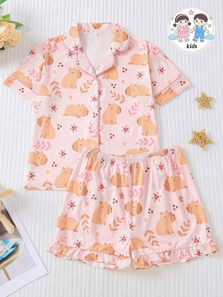 Tween Girl Capybara Short Sleeve Pajama Set, Girls Cute Capybara Print Lightweight Home Clothes For Summer New Style Turndown Collar Cardigan Short Sleeve Shirt And Ruffle Hem Shorts 2Pcs Pajama Set, Children & Tween Daily Casual Outfit, Suitable For Party And Gathering, Machine Washable | SHEIN