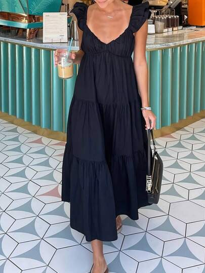 SHEIN Essnce Loose Spaghetti Strap Flutter Sleeve Midi Dress, Solid Color V Neck Dress, Suitable ... | SHEIN