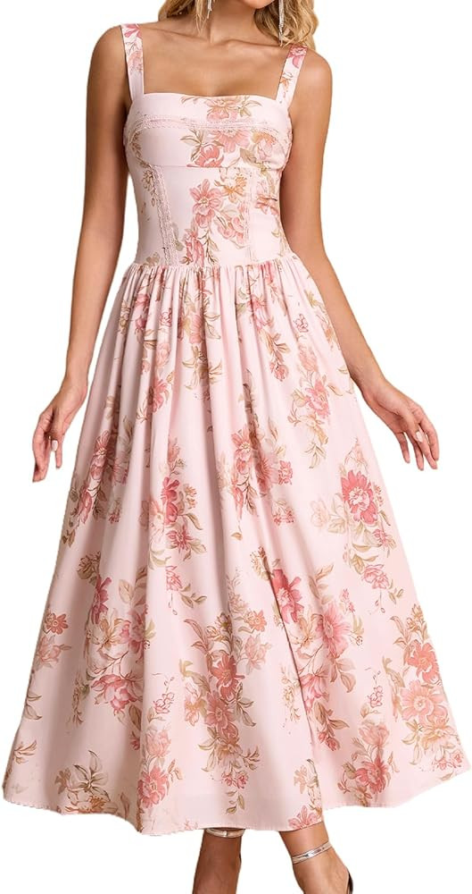 XinFSh Women's Summer Corset Midi Dress Flowy Square Neck Sleeveless Lace Wedding Guest Dresses w... | Amazon (US)