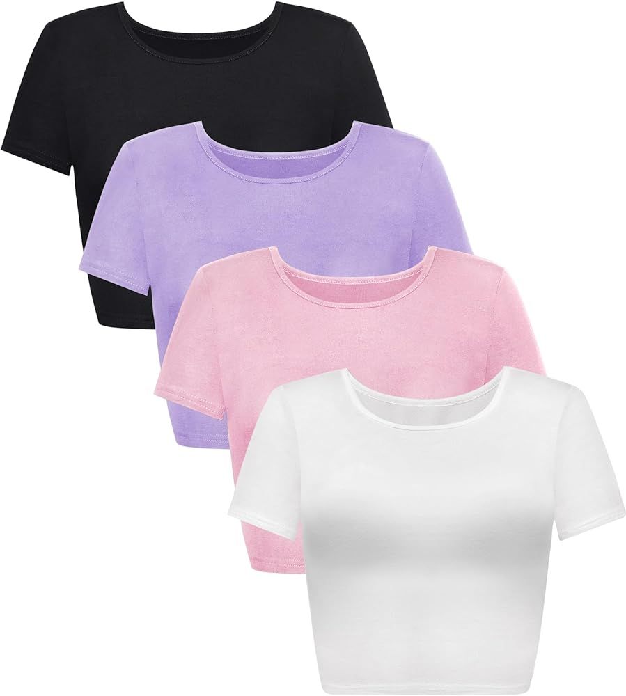 4 Pack Women's Basic Tight Short Sleeve Women Cute Trendy Crop Tops Scoop Neck Crop for Women or Teen Girls | Amazon (US)