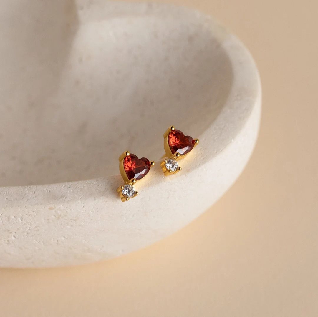 Garnet Heart Drop Studs by Caitlyn Minimalist Dainty Diamond Earrings in Gold Romantic Vintage Je... | Etsy (US)