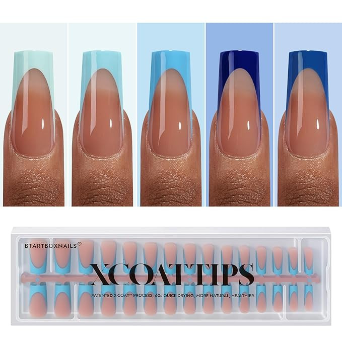 BTArtboxnails XCOATTIPS French Tip Press On Nails - Blue Press On Nails Long, Square Fake Nail Ti... | Amazon (US)