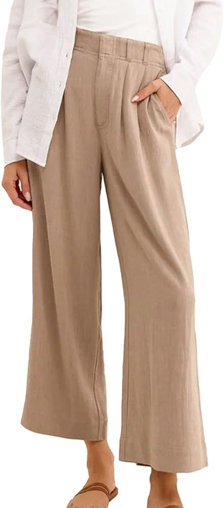 Linen Wide Leg Pants for Women Summer Casual Beach Flowy Womens Pant Trendy Pleated High Waist Tr... | Amazon (US)
