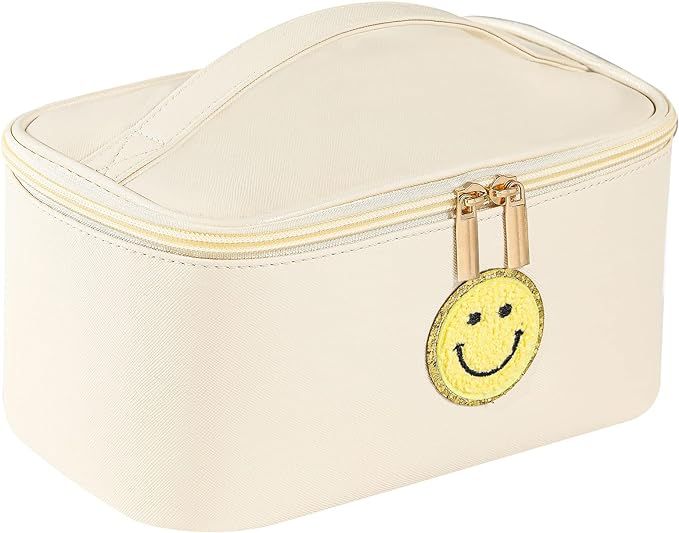 Preppy Patch Makeup Bag Leather Cosmetic Bag Large Makeup Pouch, Portable Waterproof Travel Toile... | Amazon (US)