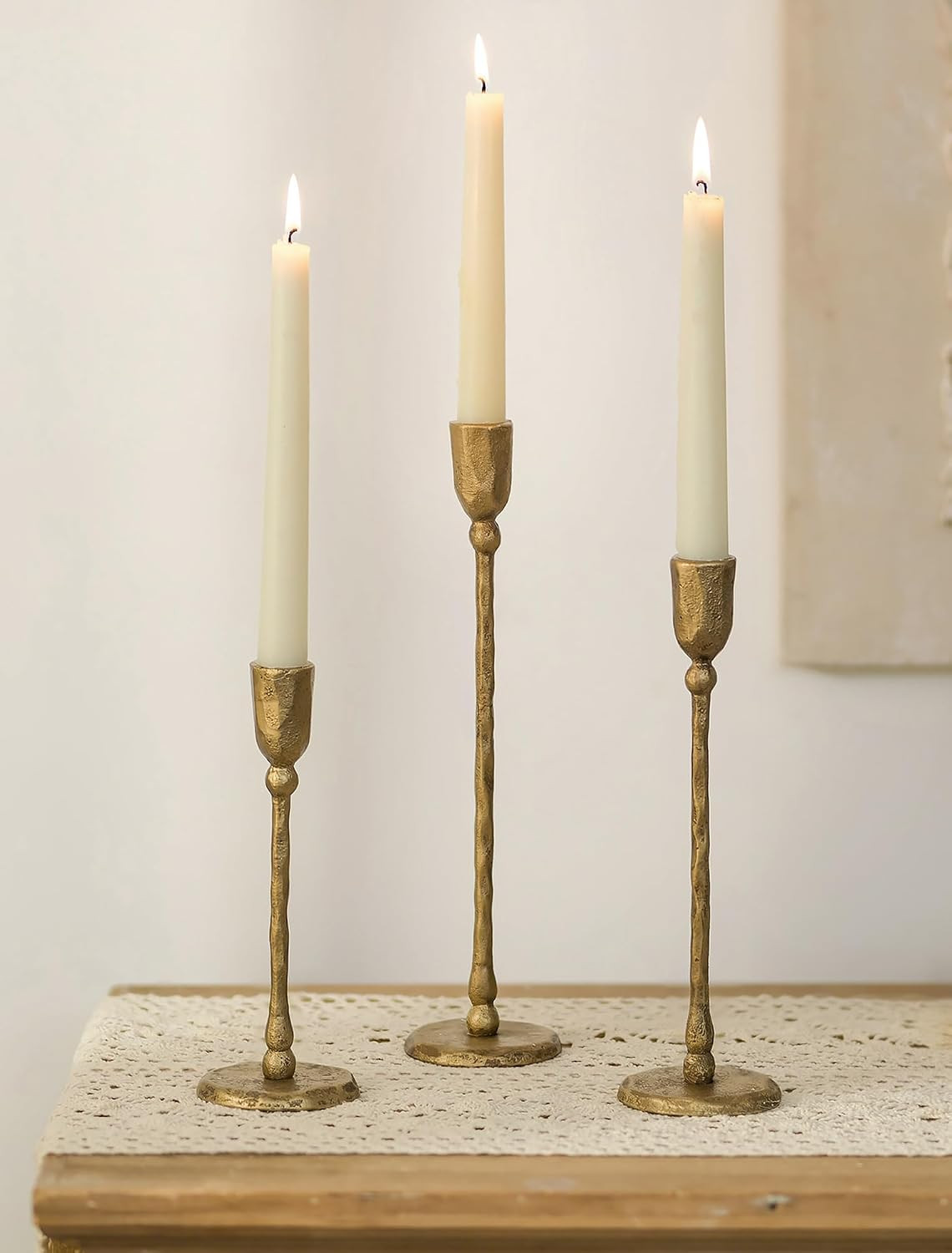 NUPTIO Iron Taper Candle Holders: Antique Brass Candlestick Holder Set of 3 | Amazon (US)