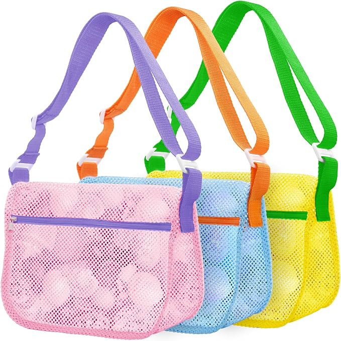 Mesh Beach Bags for Sand Toys - 3 Pack Seashell Collecting Bags with Adjustable Straps, Kids Beac... | Amazon (US)