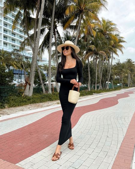 Kat Jamieson sized down in this dress and is wearing an XS. Black long sleeve dress out in Miami. Skims, classic style, neutral outfit, small bag, summer purse, Hermes sandals, Panama hat, vacation style.

#LTKtravel #LTKshoecrush #LTKSeasonal