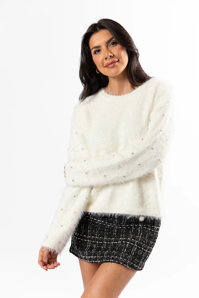 All That Glitters Rhinestone Sleeve Ivory Fuzzy Sweater SALE | Pink Lily