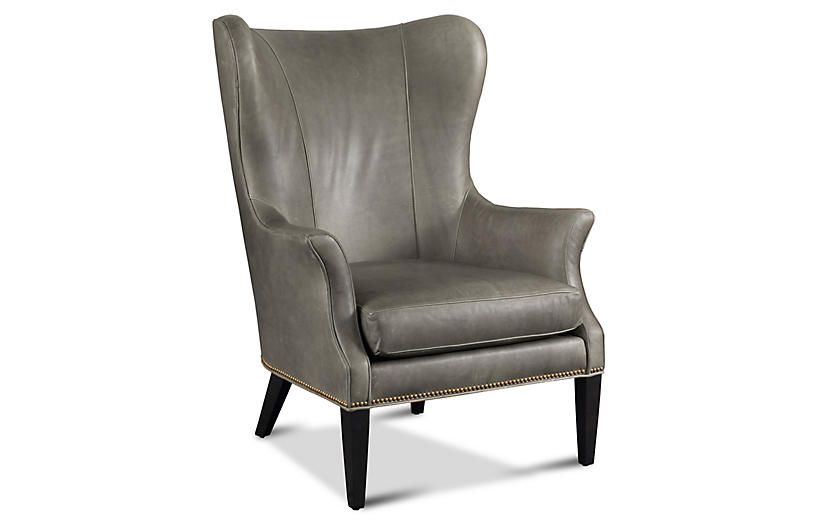 Tristen Wingback Chair, Gray Leather | One Kings Lane