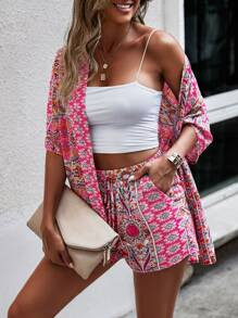 SHEIN VCAY Paisley Print Open Front Kimono & Shorts Set Without Tube Top SKU: sw2204129313354331(... | SHEIN