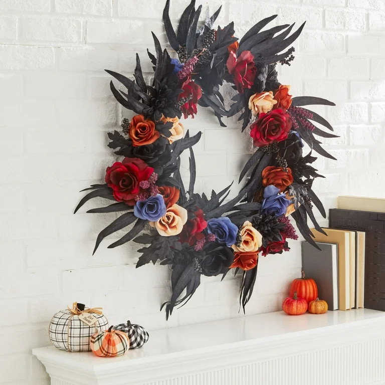 Halloween Rose and Black Pine Wreath, 30", by Way To Celebrate - Walmart.com | Walmart (US)