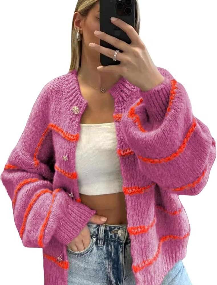 QIBABU Womens Striped Cardigan Sweaters Casual Open Front Long Sleeve Button Down Knit Outwear | Amazon (US)