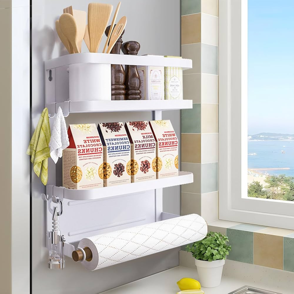 Magnetic Spice Rack for Refrigerator White Magnetic Paper Towel Holder for fridge Magnetic Shelf ... | Amazon (US)