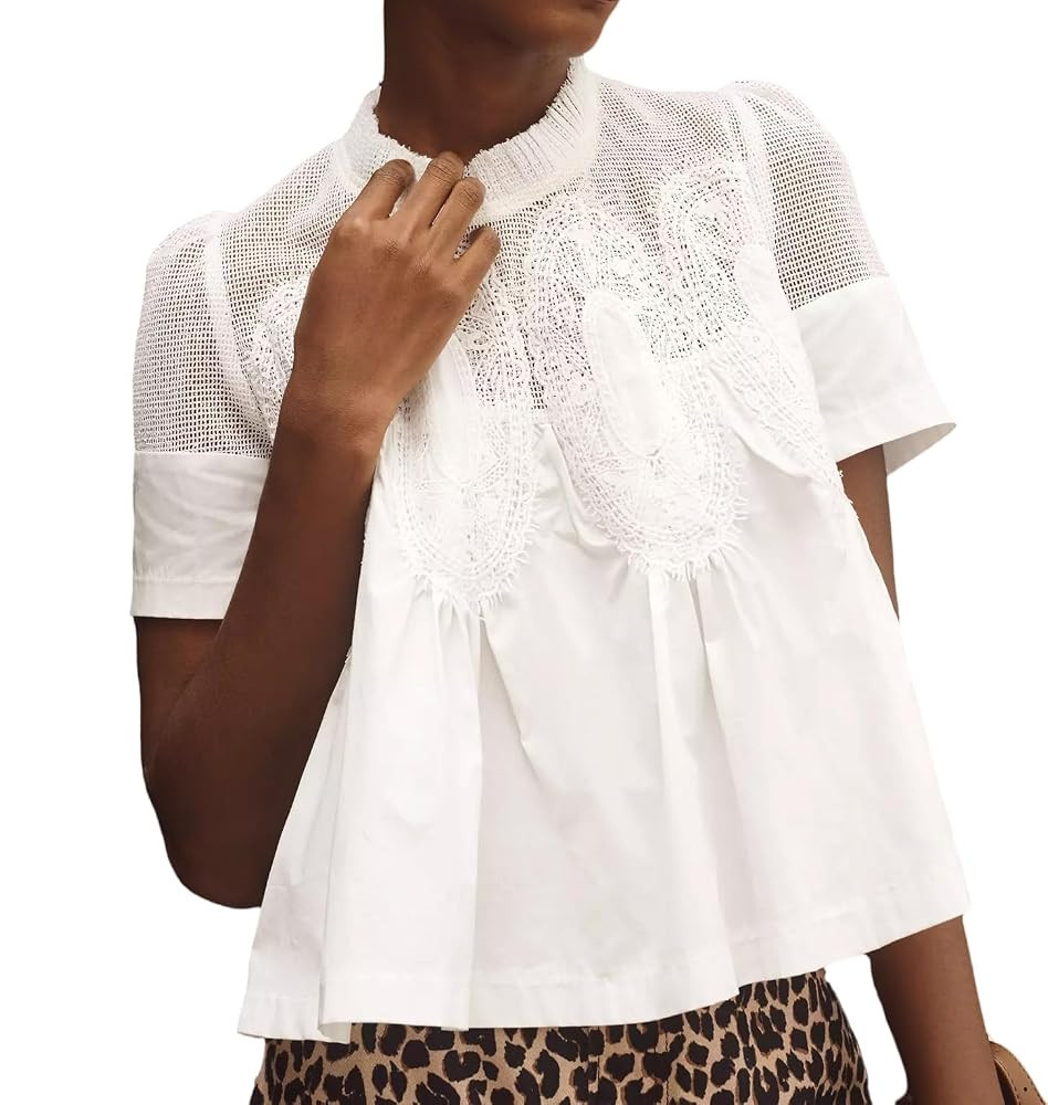 Women’s Lace Flared Short Sleeve Blouse Lace Poplin Ruffle Mesh Crew Neck Swing Babydoll Tops E... | Amazon (US)