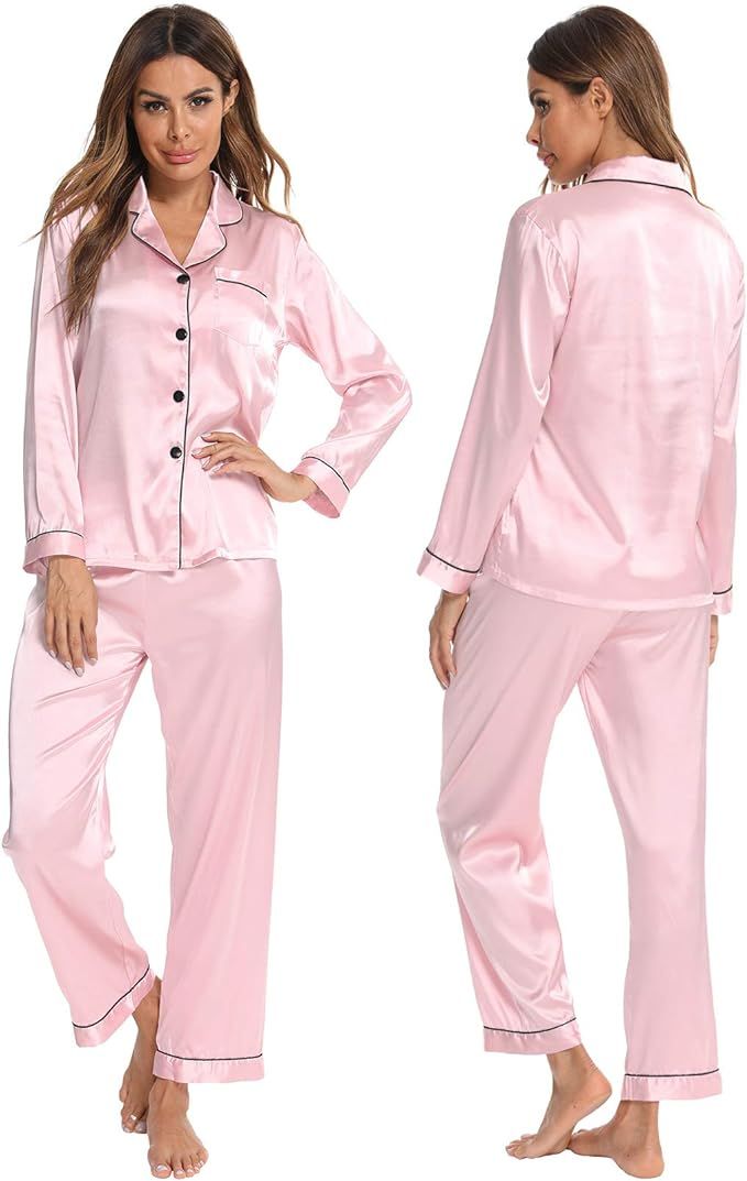 SWOMOG Womens Silk Satin Pajamas Long Sleeve Loungewear Two-piece Sleepwear Button-Down Pj Set | Amazon (US)