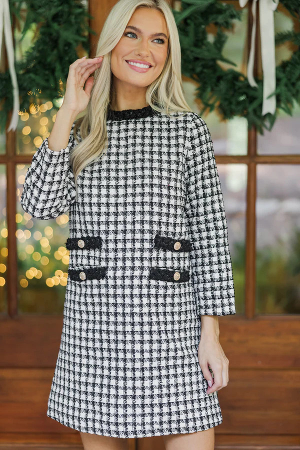 Ask You Out Black Houndstooth Tweed 3/4 Sleeve Dress | The Mint Julep Boutique
