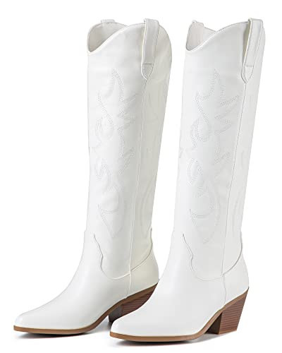 ZXHYZLZ White Cowboy Boots For Women -Wide Calf Knee High Cowgirl Boots Botas Vaqueras Para Mujer Slip On Pointed Toe Thick Heel western Tall Boots Great For Country Concerts and Parties Size 7 | Amazon (US)