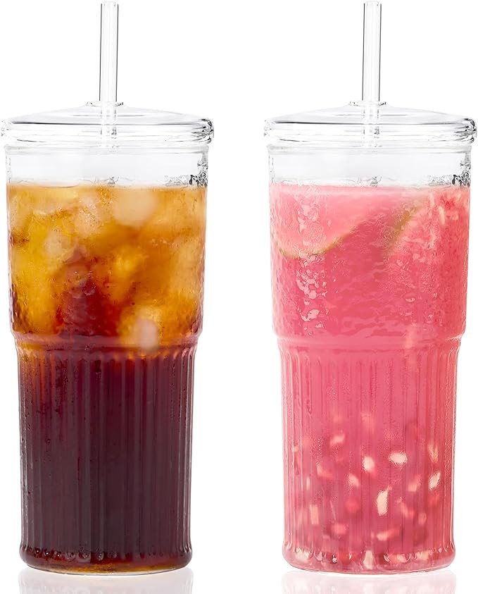 GOSCHE Glass Cups with Lids and Straws, 20oz Glass Cups Drinking Jar, Clear Iced Coffee Cups, Vin... | Amazon (US)