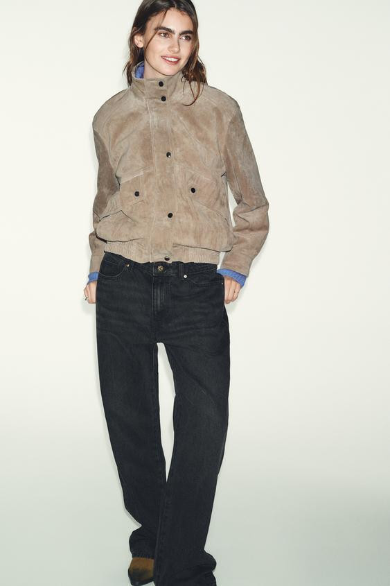100% SUEDE LEATHER HIGH COLLAR JACKET | Zara US