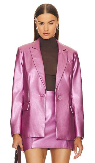 Alexa Crinkled Faux Leather Blazer in Pink | Revolve Clothing (Global)