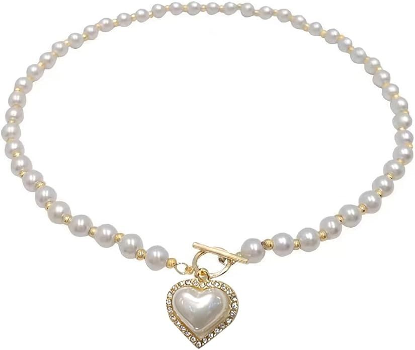 IMEGILO Pearl Necklaces for Women，6mm Faux Pearl Necklace，14K Gold Plated Heart Pearl Necklac... | Amazon (US)