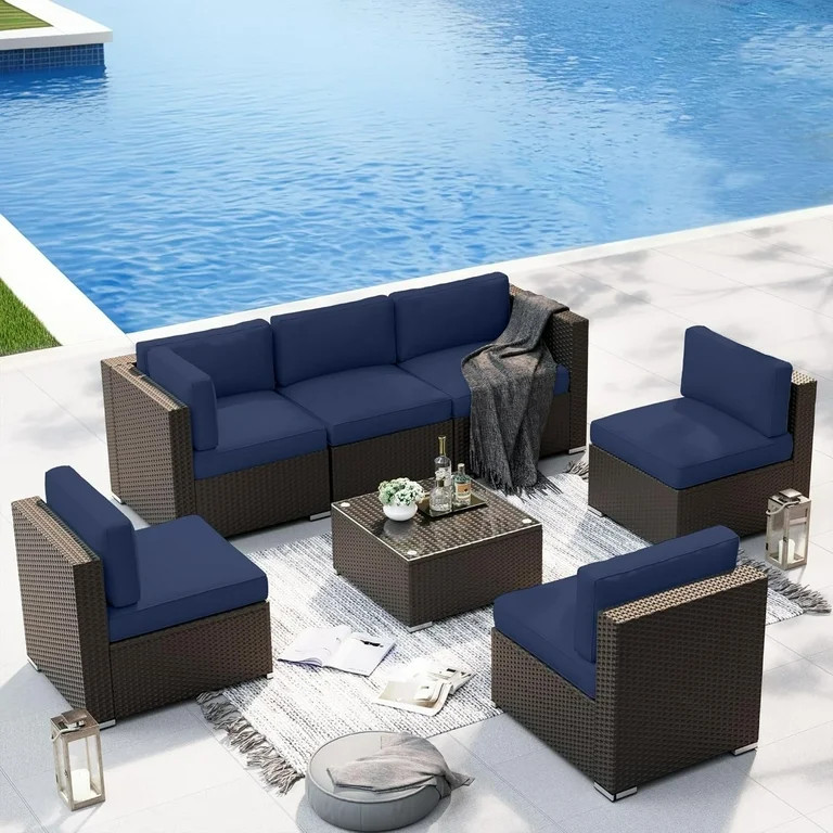 SUNCROWN 7-Piece Outdoor Patio Furniture Sofa Set All-Weather Black Wicker Sectional Cushioned Wa... | Walmart (US)