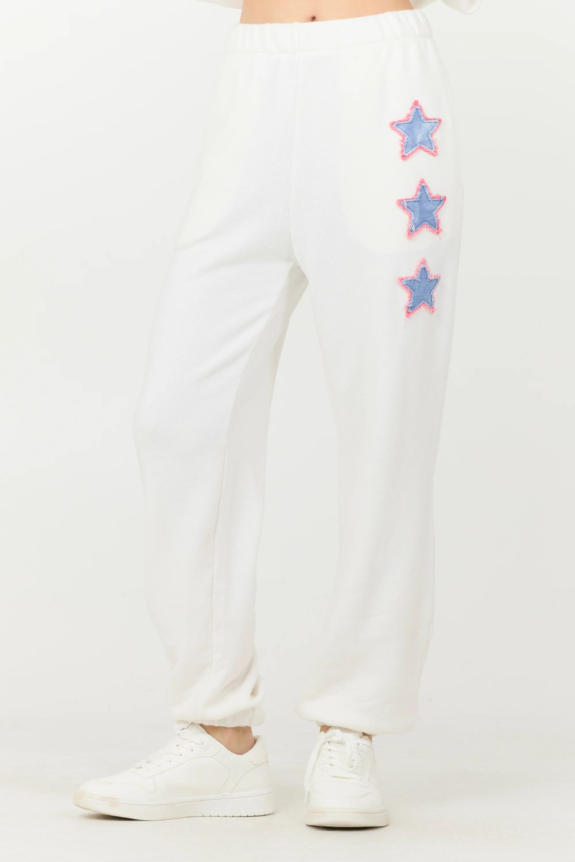 White w/ Blue Applique French Terry Joggers | Vintage Havana