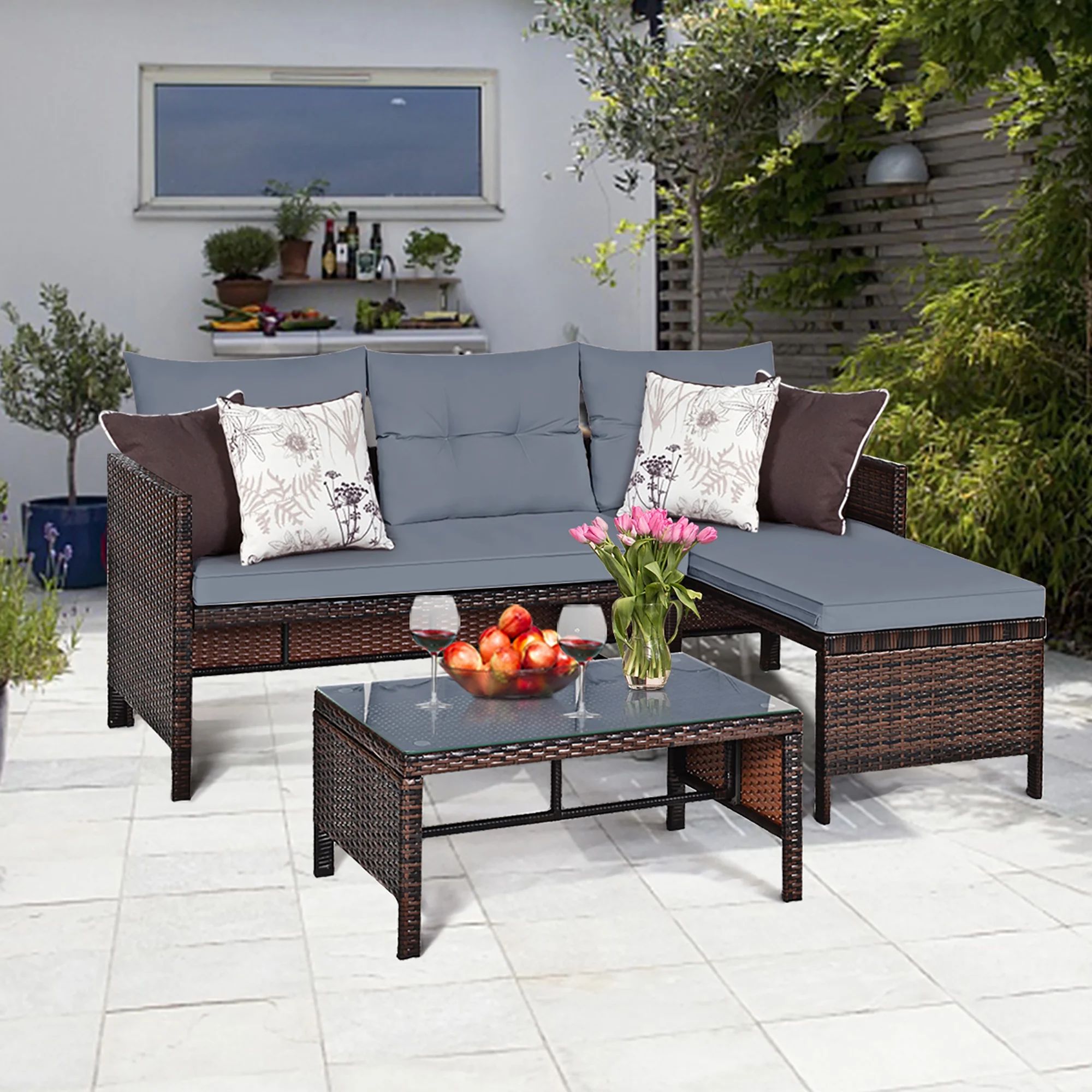 Costway 3PCS Patio Wicker Rattan Sofa Set Outdoor Sectional Conversation Set Lawn Garden - Walmar... | Walmart (US)