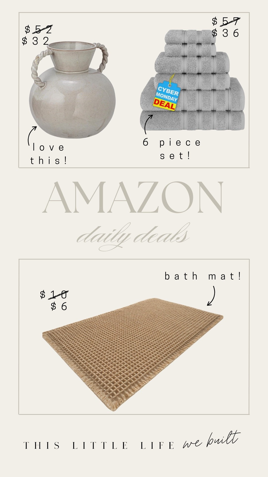 Amazon daily deals! 


Bathroom finds, bath mat, towels, vase, Amazon home, affordable home 

#LTKFindsUnder50 #LTKSaleAlert #LTKHome
