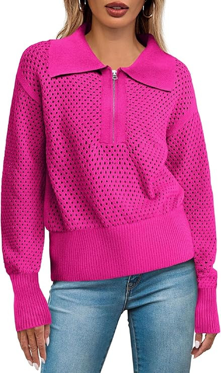 Women's Half Zip Pullover Sweaters Crochet Lapel Collar Long Sleeve Knit Solid Color Jumper Tops | Amazon (US)