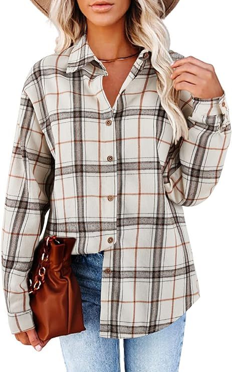 Women's Long Sleeve Plaid Shirts Flannel Collared Button Down Shacket Casual Rolled Up Boyfriend ... | Amazon (US)