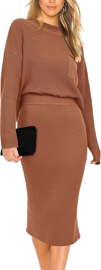 PRETTYGARDEN Womens Fall Two Piece Outfits Sweater Sets Crewneck Pullover Bodycon Midi Skirt Ribb... | Amazon (US)