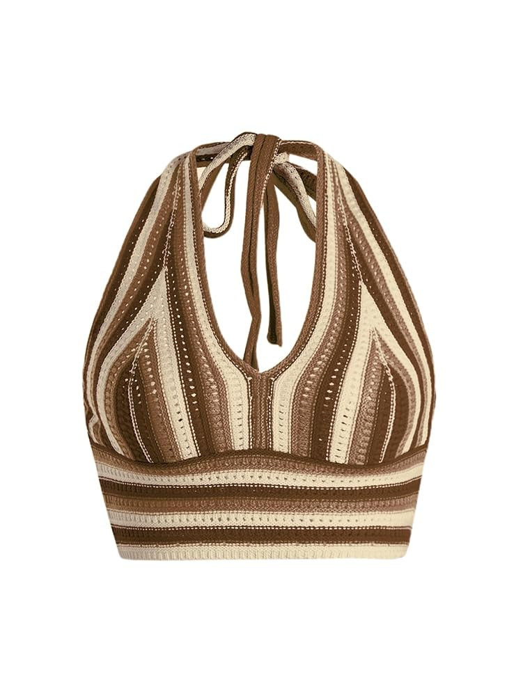 Verdusa Women's Colorblock Striped Crop Halter Top Tie Backless V Neck Going Out Tops | Amazon (US)