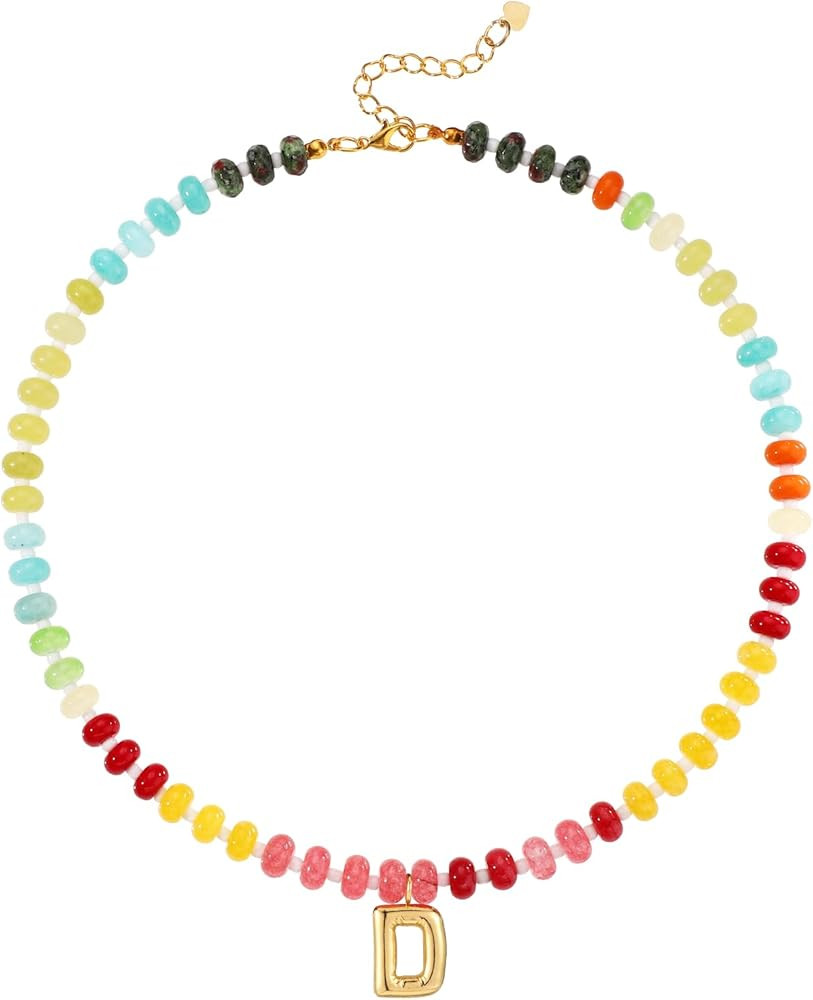 Beaded Necklaces for Women, Colorful Natural Stone Gemstone Necklace Charm Bead Initial Letter Pe... | Amazon (US)