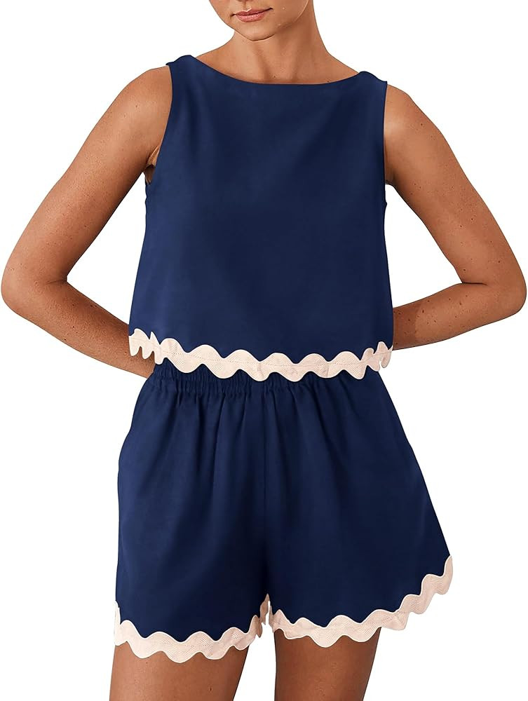 BTFBM Women Two Piece Beach Vacation Outfits Summer Casual 2 Piece Lounge Set Cropped Tank Top El... | Amazon (US)