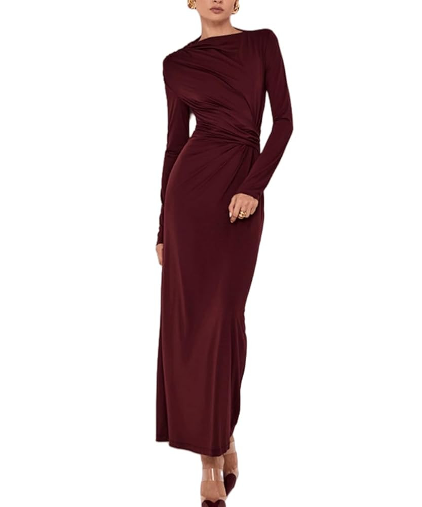 YOXUA Women Elegant Casual Long Sleeve Sexy Bodycon Lounge Temperament Crewneck Maxi Dress | Amazon (US)