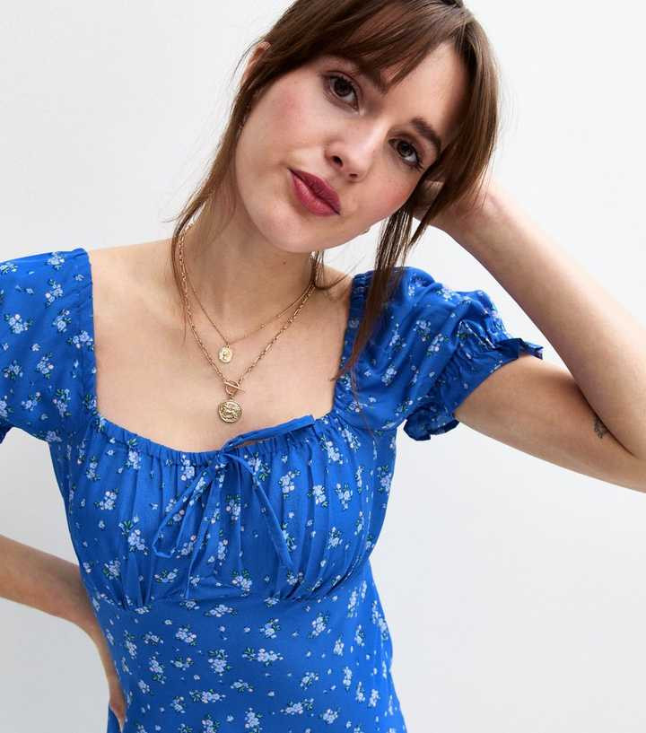 Blue Floral Print Square Neck Midi Dress | New Look | New Look (UK)