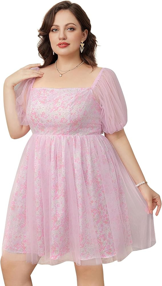 WDIRARA Women's Plus Size Mesh Puff Sleeve Square Neck Ruffle Hem Solid A Line Short Dress | Amazon (US)