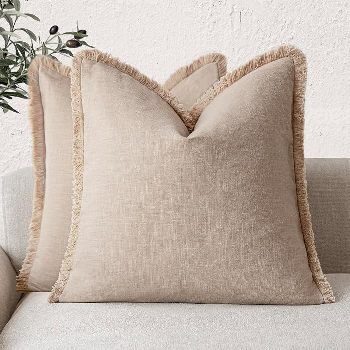 Foindtower Set of 2 Decorative Linen Fringe Throw Pillow Covers Boho Farmhouse Cushion Cover with... | Amazon (US)