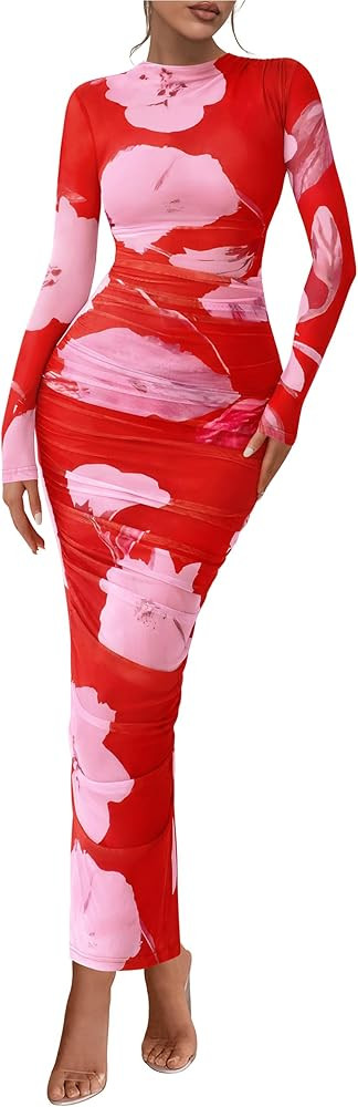 PRETTYGARDEN Womens Long Sleeve Maxi Dresses 2026 Spring Ruched Bodycon Floral Mesh Formal Weddin... | Amazon (US)